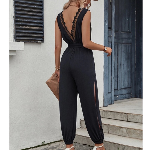 Rouge! Pants - Backless Lace Detail Black Jumpsuit Tie Belted Sleeveless Long